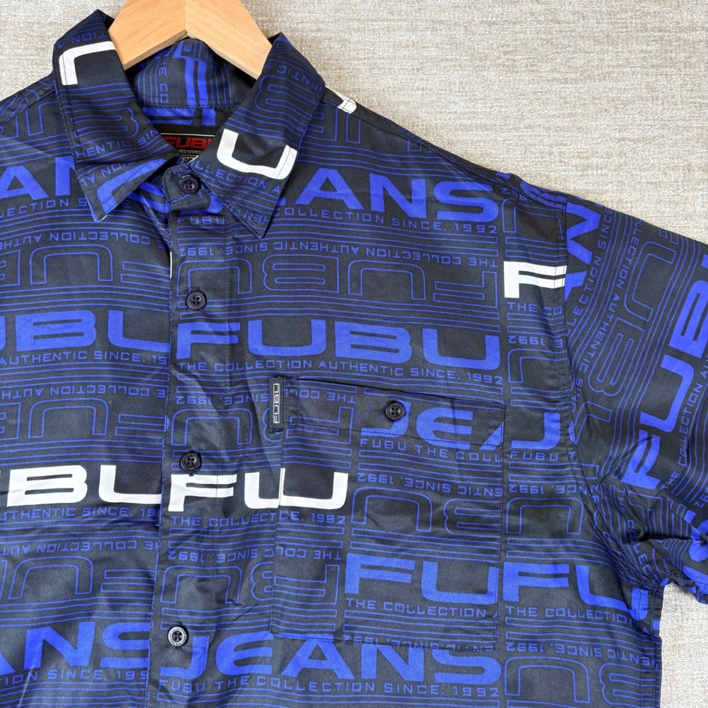VTG FUBU Collection Short Sleeve Shirt Mens L Blue Black All Over Logo EUC Y2K
